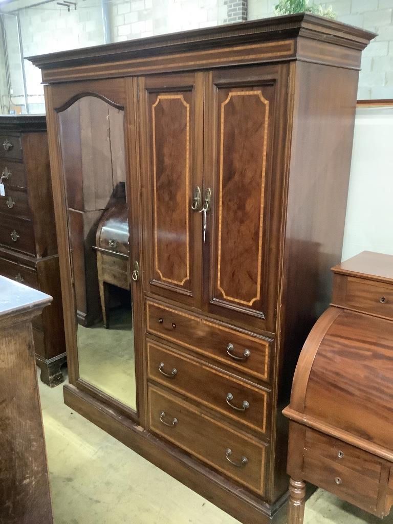 An Edwardian satinwood banded mahogany wardrobe, width 160cm, depth 56cm, height 206cm